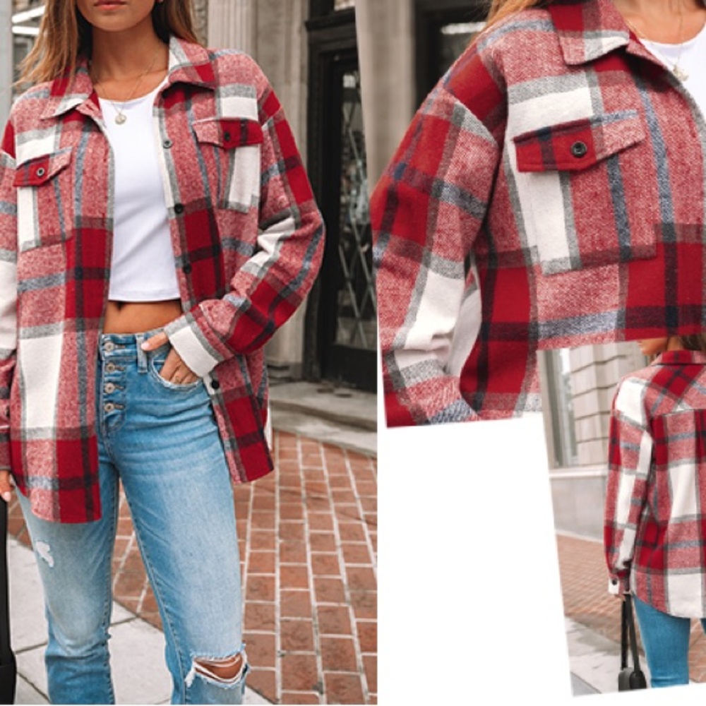 Red and White Plaid Button-Up Shirt - Picture 1 of 9